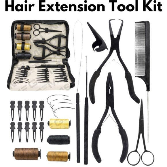 Hair Extension Tools Kit with Loop Hook Hair Beads Box Threads C Shape Needles - Picture 1 of 11